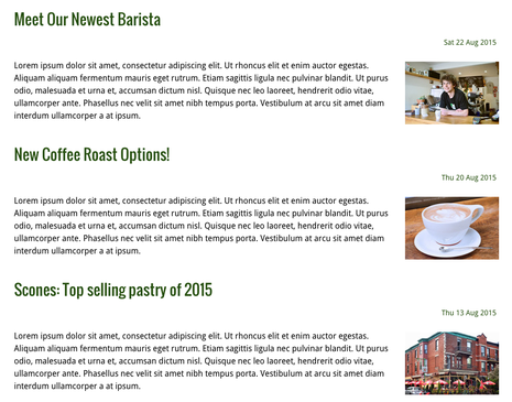 Blog Display Element set to a teaser length of 1 with a Text with Photo element as the first element on each blog post
