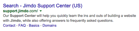In this example, "Search" is the Page Title, "Jimdo Support Center" is the Site Title, and the paragraph below is the Page Description.
