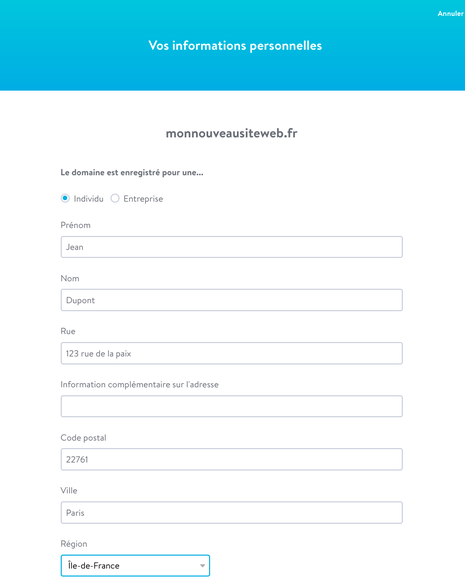 Formulaire d'enregistrement pour l'achat d'un nom de domaine avec Jimdo