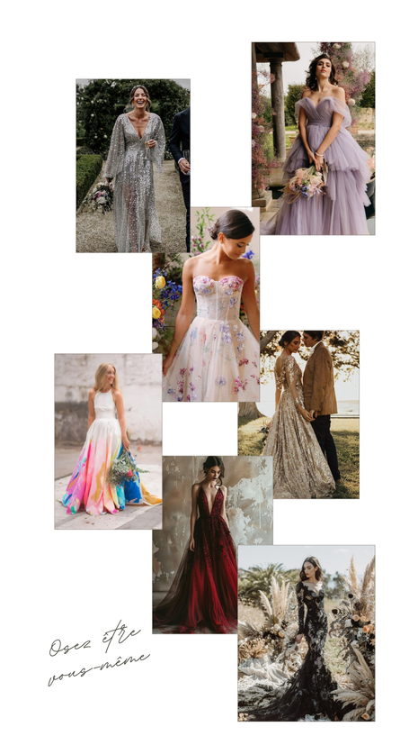 Exemples de plusieurs robes de mariée qui ne sont pas blanches, illustrant l'article de blog mariage "Adieu la robe blanche ! Les tendances de robes colorées pour mariées audacieuses", par My Daydream Wedding, wedding planner et designer sur Paris, Lille