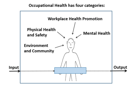 Occupational Health Model - categories - physical health safety - mental health - workplace health promotion - environment community -www.learn-study-work.org