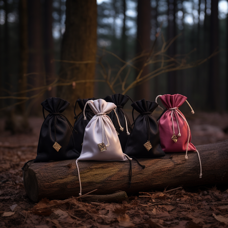 vier auf einem Baumstamm in einem Eichenwald sitzende satin Mojo Bags Dunkelweiß und Dunkelrosa, gefühlvolles Geschichtenerzählen, Dunkelsilber und Hellrosa, Dunkelschwarz und Hellbernstein, minimalistische Raffinesse, Porträts mit sanfter Beleuch