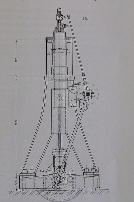 Schnitt durch die erste Ausführung des noch ungekühlten ersten Augsburger Diesel-Versuchsmotors 15/40 (Sommer 1893)