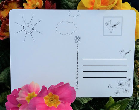 Postkarte zum ausmalen - Frühling - beidseitig bedruckt mit Vögeln und Sonne - Rückseite