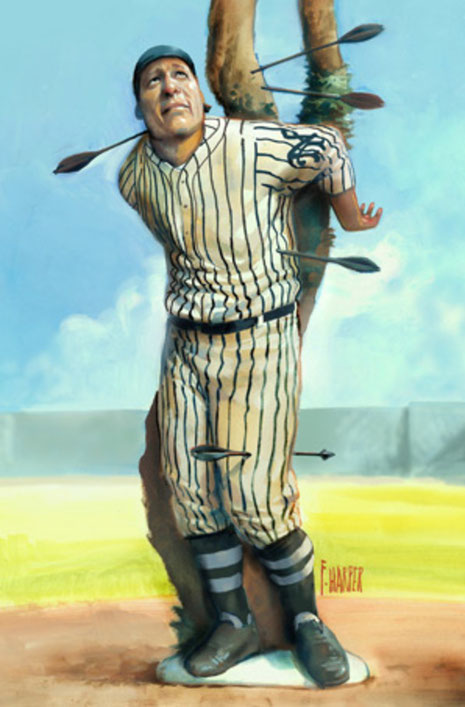 Immagine tratta da Sport Illustrated che raffigura Fred Merkle trafitto dalle freccie