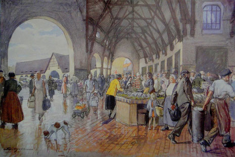 Aquarelle de José Simont de 1938, représentant une scène du marché de l'époque