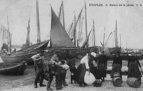 Scène de retour de la pêche au port d'Etaples - 1930