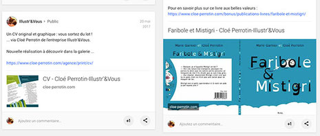 Capture d'écran de posts CV personnalisés et livre Faribole et Mistigri de Cloé Perrotin sur le réseau social Google + 