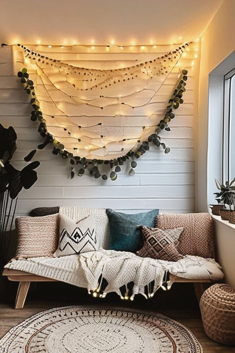 Entdecken Sie kreative Wandgestaltung fürs Wohnzimmer im Boho Stil. Setzen Sie mit Lichterketten wohnliche Akzente und schaffen Sie ein gemütliches Zuhause.