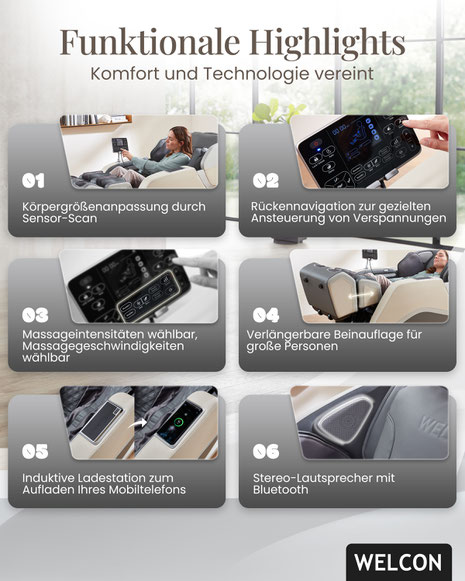 Entdecken Sie die multifunktionalen Massagesessel von WELCON. Erleben Sie innovative 3D/4D-Technologien, KI-gesteuerte Programme und vielfältige Gesundheitsvorteile. Finden Sie Ihren perfekten Massagesessel für maximale Entspannung und Wohlbefinden.