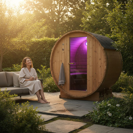 Fasssauna kaufen bei Welcon: kompakte Garten-Sauna, schnelle Aufheizzeit, Beratung, Lieferung in DE/AT/CH, Ratenzahlung.