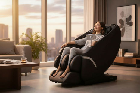 Kleines Wohnzimmer in eine Wellness-Oase verwandeln: mit smarter Raumplanung, sanftem Licht und einem Welcon Massagesessel als komfortablem Ruhepol.