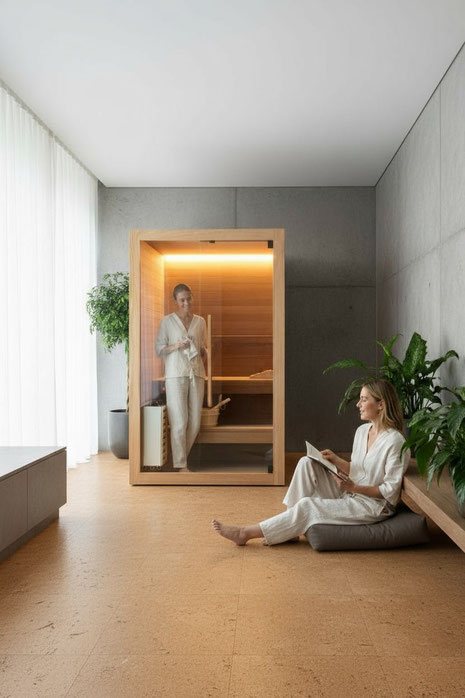 Kork als Untergrund für die Indoor Sauna sorgt für warme, leise und sichere Böden und passt ideal zu Infrarotkabinen im privaten und gewerblichen Spa.