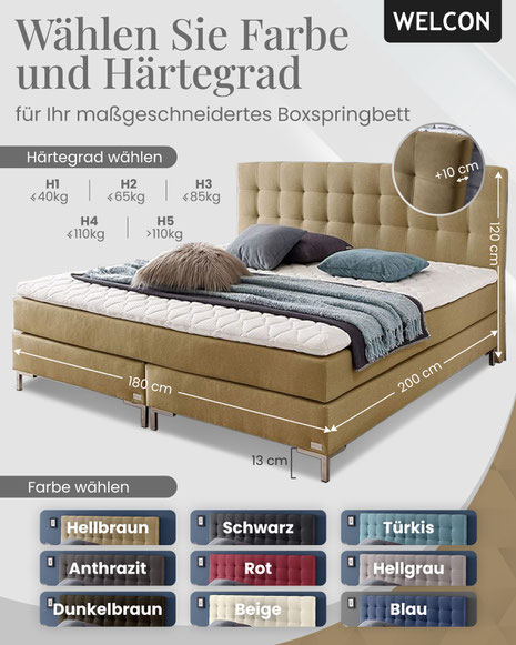 Entdecken Sie Boxspringbetten für maximalen Schlafkomfort und elegantes Design. Erfahren Sie alles über Größe, Matratzenhärte, Pflege und individuelle Gestaltungsmöglichkeiten. Verbessern Sie Ihre Schlafqualität mit einem Boxspringbett von WELCON.