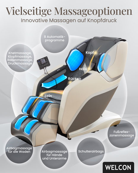 Entdecken Sie hochwertige Massagesessel mit Nacken- und Schultermassage von Welcon. Innovative 3D-Technologie, individuelle Anpassung und medizinische Vorteile für Ihr Wohlbefinden – jetzt informieren!