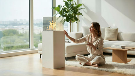 Wohnzimmer mit Kamin-Effekt planen: Ideen mit Ethanolkamin, bequemen Sesseln und warmem Licht, die Mietwohnung ohne Umbau in eine Ruhezone verwandeln.