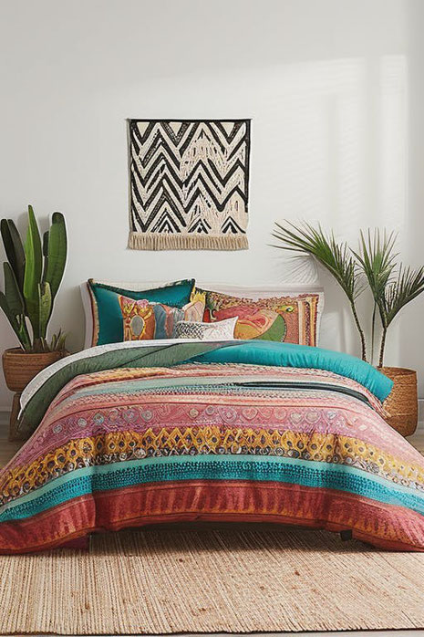 Entdecken Sie den Boho Style als Schlafzimmertrend 2025: Farbenfrohe Akzente, natürliche Materialien und individuelle Gestaltung fördern Wohlbefinden und Kreativität.