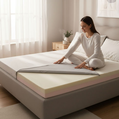 Topper-Materialien im Vergleich, Kaltschaum, Visco, Latex und Gel, mit klaren Vor- und Nachteilen zu Druckentlastung, Klima und Haltbarkeit.