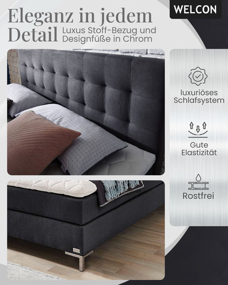  Boxspringbetten 180x200cm mit Bettkasten bieten luxuriösen Schlafkomfort kombiniert mit praktischem Stauraum. Erfahren Sie, wie Welcon maßgeschneiderte Lösungen für Ihr Schlafzimmer schafft.