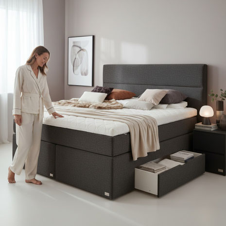 Boxspringbett 180 x 200 cm bietet Paaren meist den besten Mix aus Bewegungsfreiheit und Platzbedarf. Der Ratgeber vergleicht 160 und 200 cm.