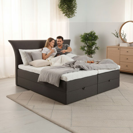 Stauraum-Boxspringbett statt Kommode: Platz im Schlafzimmer gewinnen, Ordnung schaffen und bei Boxspringbettenshop24 ein komfortables Bett mit Stauraum planen.
