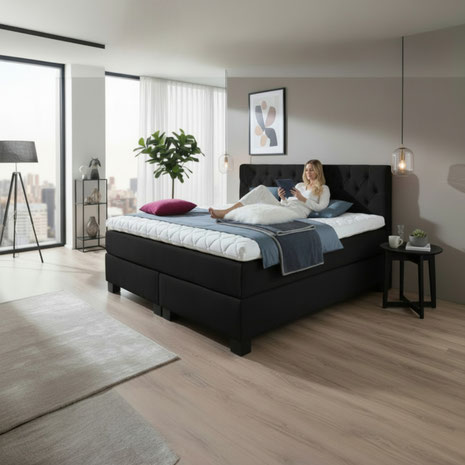 Boxspringbett 160x200 schwarz: Wirkt ruhig und edel, mit Tipps zu Härtegrad, Topper, Bezug und Pflege, damit Stil und Komfort im Alltag bleiben.