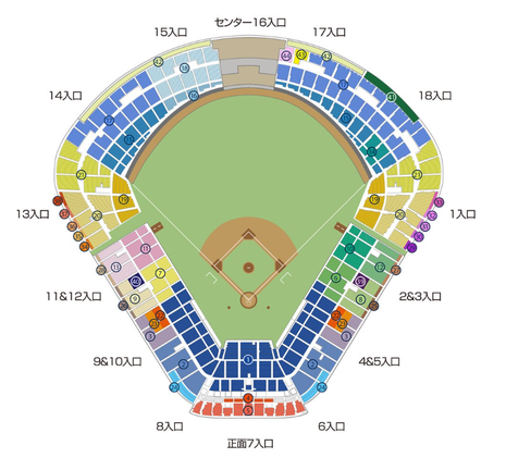 Seat Chart for 2026 Season. Gate numbers are listed alongside the characters 入口 (From the Tokyo Yakult Swallows website, click to enlarge)