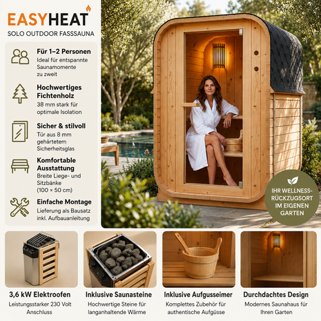 Sauna 230 Volt ohne Starkstrom, mit normaler Steckdose, passt in Wohnung, Garten und Wellnessbereiche, als kompakte Plug-and-Play-Lösung.
