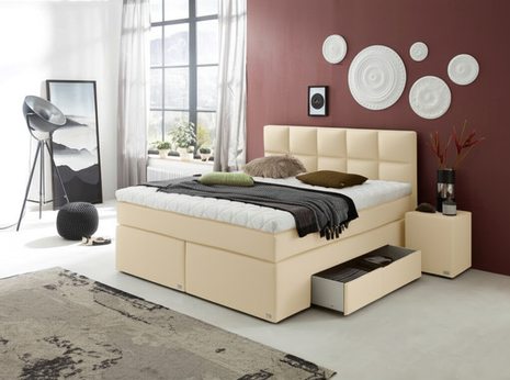 Boxspringbett 180x200 mit Bettkasten beige vereint elegantes Design, großzügigen Stauraum und hohe Bequemlichkeit für ein stilvolles Schlafzimmer. Konfigurierbar.