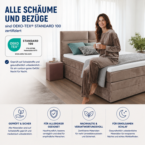 Welcon Rockstar Boxspringbetten mit OEKO-TEX Standard 100: geprüfte Schäume und Bezüge für mehr Klarheit, Komfort und Vertrauen beim Kauf.