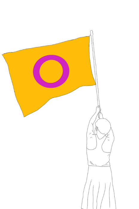 A drawing with a white background. On it is an androgynus person, drawn from behind. They are wearing a skirt and a tanktop. They have strong shoulders and are waving an intersex pride flag