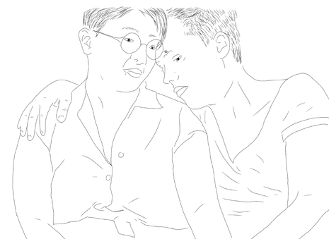 A picture of two people of undetermined gener. Both have short hair, the person on the right is wearing glasses. They are cuddeling