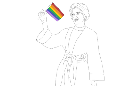 A drawing with a white background. On it is a woman. She is wearing a turban and loose fitting, long sleeved clothing. She is smiling and waving a pride flag