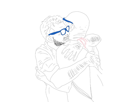 A drawing with a white background. On it are two men, embracing hard. The man on the left has curly hair and a beard. he is smiling. The man on the right is bald and waring a tank top. both are wearing blue glasses
