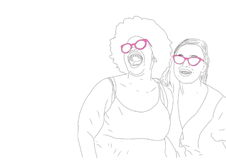 A drawing with a white background. On it are two women standing next to eahother. Both are wearing pink glasses.The woman on the left has an afro and is throwing her head back laughing. The woman on the right has long straight hair and is smiling.