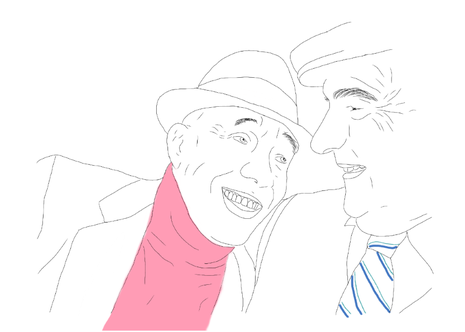 A drawing with a white background. Two elderly men are sitting next to eachother. The man on the left is wearing a pink shirt. He is leaning his head on the shoulder of the other man, who is wearing a blue striped tie. Both are smiling