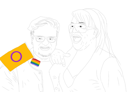 A drawing with a white background. On it are two people. On the right is a masculine looking person with a beard and a rainbow and a interse pride flag. On the right is a laughing feminine looking person.