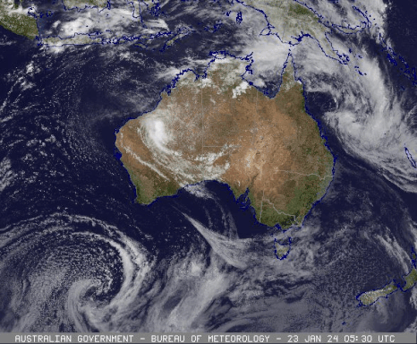 Satellite animation showing a Tropical Cyclone Kirilly developing in the Coral Sea. Images from www.bom.gov.au. January 24-25 2024.