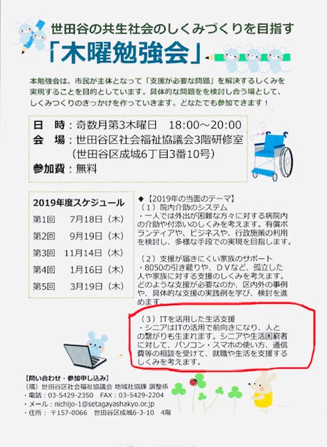 ☆幹事会のメンバーの「木曜勉強会」のチラシができました。山根の担当は（3）ITを活用した生活支援。