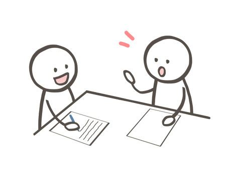 机を挟んで二人が対話しながら書類を作成しているイラスト。個別指導や電話相談での丁寧なサポートを表現。