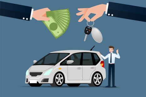 Graues Auto mit zwei Händen die Geld gegen Autoschlüsel austauschen