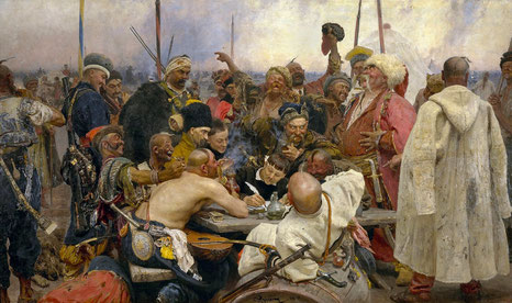 Ilya Repin, The Zaporozhye Cossacks Writing a Letter to the Sultan of Turkey, 1880-91, Moscow, Tretyakov Gallery.
