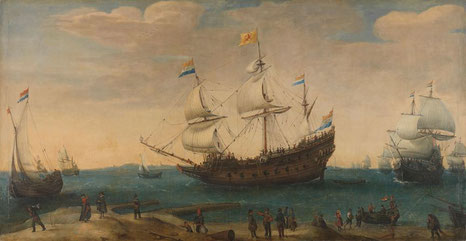 “The Mauritius and other East Indiamen Sailing out of the Marsdiep” Hendrik Cornelisz Vroom, Oil on canvas, c.1600 - c.1630. Rijks Museum,  Gift of J.W. IJzerman, The Hague.