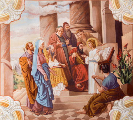 Jesus lehrt im Tempel, Fresko von Jozef Antal aus dem Jahr 1963 in der St. Michael-Kirche in Sebechleby in der Slowakei