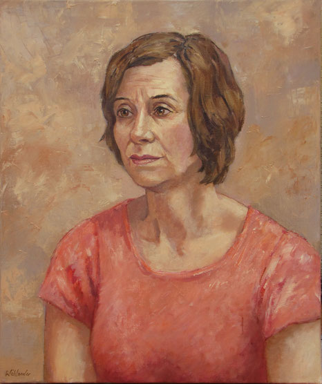 Tony Wahlander, le portrait d'une femme d'une quarantaine d'année, cheveu court, elle s'appelle Joëlle, porte un chemisier rose.