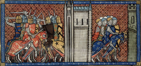 Left: King John in battle. Right: Prince Louis on the march.