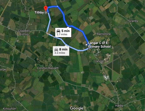 How to get to Tithby from Langar - image from Google maps