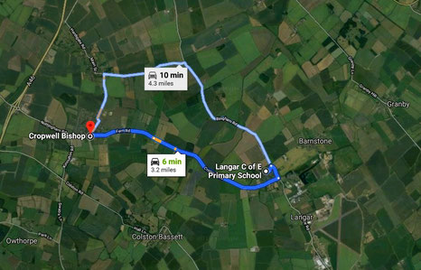 How to get to Cropwell Bishop from Langar - image from Google maps