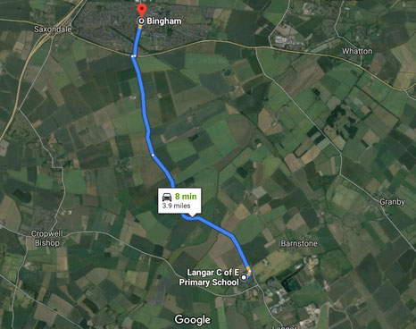 How to get to Bingham from Langar - image from Google maps