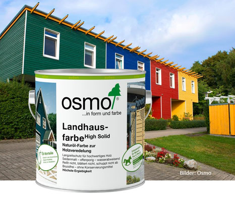 Abbildung 750ml-Dose Osmo Landhausfarbe vor bunt gestalteten Fassaden von vier Holzhäusern 